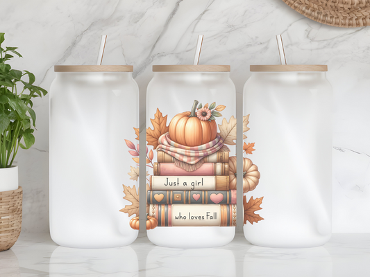 "Girl loves Fall-Book" Glass Can Frosted Design