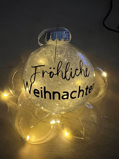 Weihnachtskugel 8 cm Transparent mit Lamettafüllung – Personalisierbar mit Deinem Wunschtext